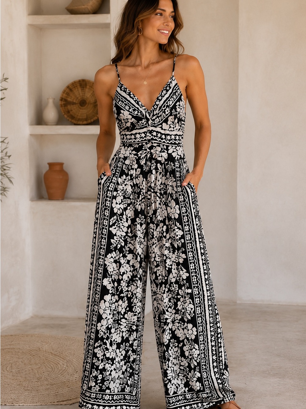 Angie Black and White Floral Wide-Leg Jumpsuit - Picture 2 of 3